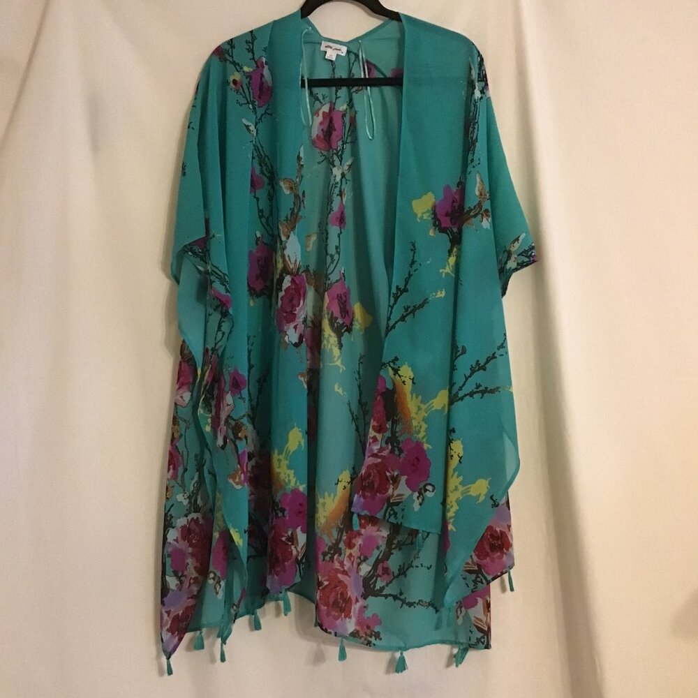 Women's Chiffon Teal Floral Sheer Kimono Style Bat Sleeve Open Front Topper 1X